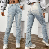FAGADOER divatos hímzés egymásra rakott farmer nadrágok női magas derekú gombos egyenes farmer nadrágok alkalmi elasztikus cowboy alsók új