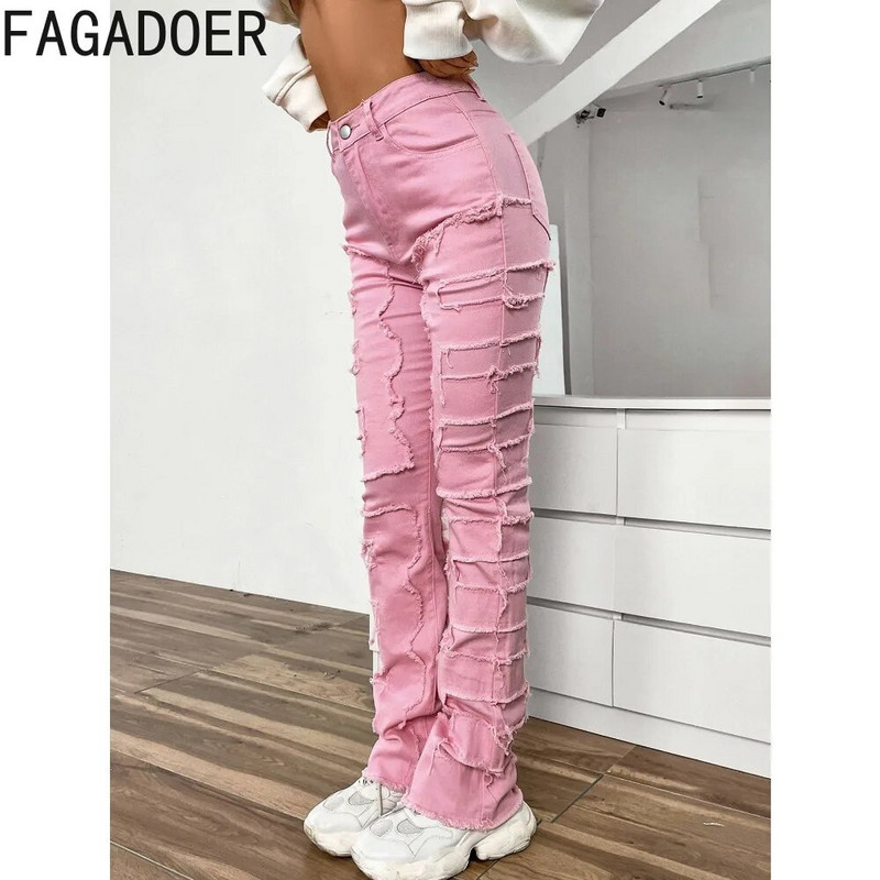FAGADOER divatos hímzés egymásra rakott farmer nadrágok női magas derekú gombos egyenes farmer nadrágok alkalmi elasztikus cowboy alsók új