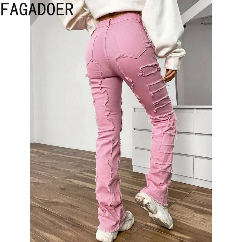 FAGADOER divatos hímzés egymásra rakott farmer nadrágok női magas derekú gombos egyenes farmer nadrágok alkalmi elasztikus cowboy alsók új