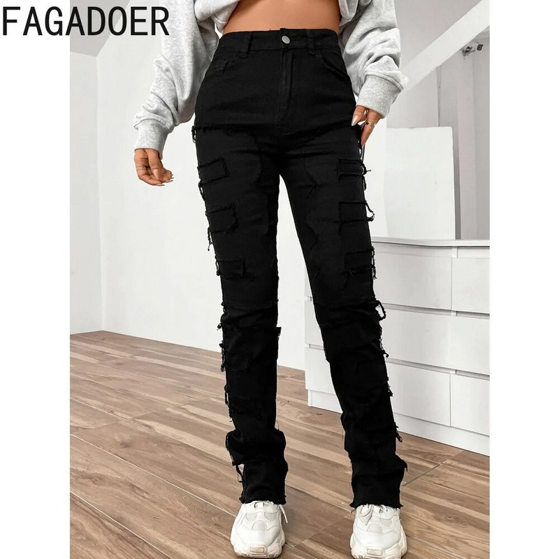 FAGADOER divatos hímzés egymásra rakott farmer nadrágok női magas derekú gombos egyenes farmer nadrágok alkalmi elasztikus cowboy alsók új