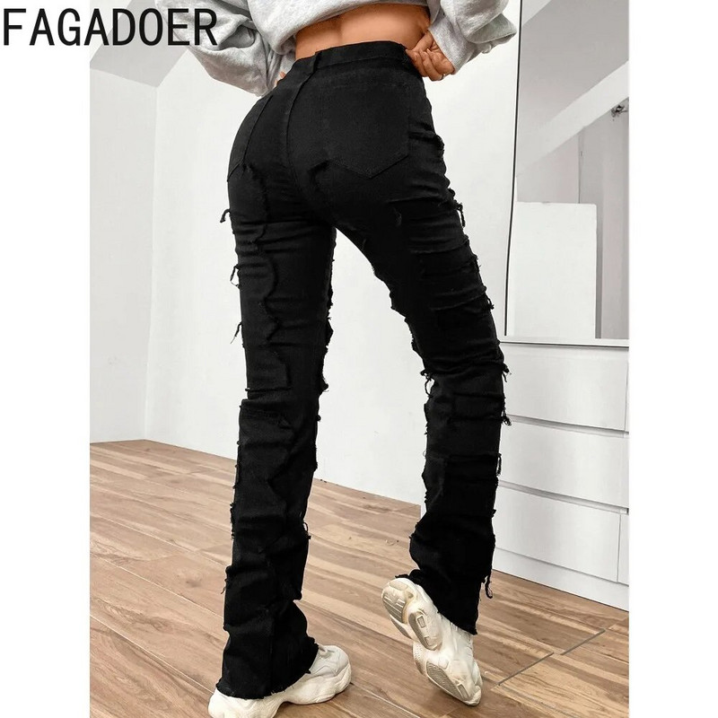 FAGADOER divatos hímzés egymásra rakott farmer nadrágok női magas derekú gombos egyenes farmer nadrágok alkalmi elasztikus cowboy alsók új