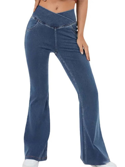 Modne rastezljive lepršave hlače Rastezljivi traper Crossover široke hlače s visokim strukom Joggers Trenirke Pocket Yoga Cowboy