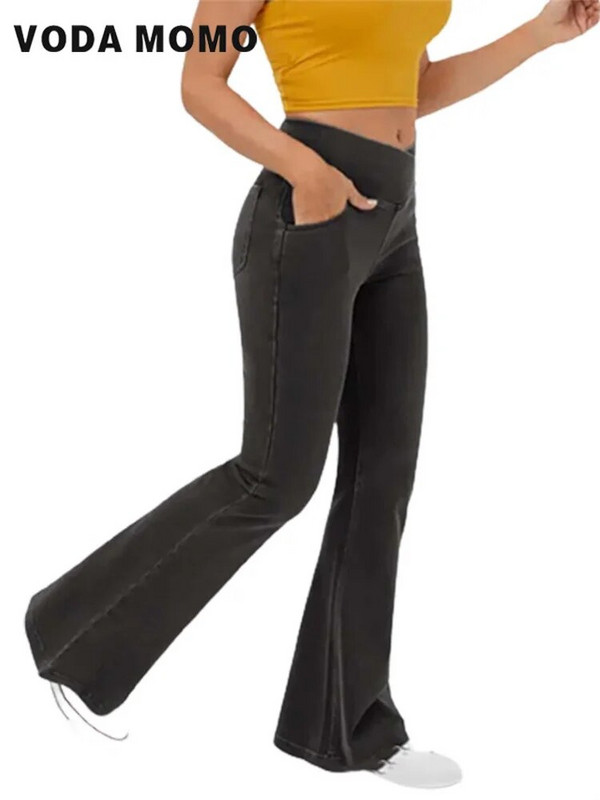 Modne rastezljive lepršave hlače Rastezljivi traper Crossover široke hlače s visokim strukom Joggers Trenirke Pocket Yoga Cowboy