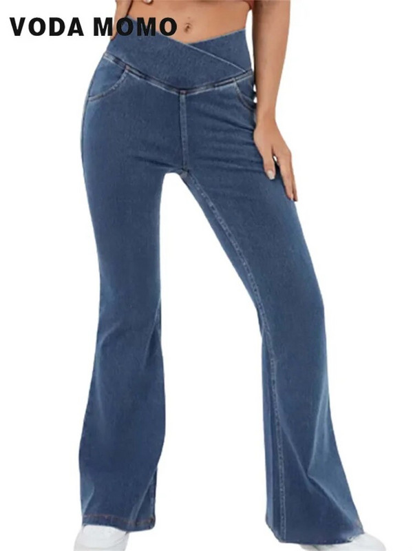 Modne rastezljive lepršave hlače Rastezljivi traper Crossover široke hlače s visokim strukom Joggers Trenirke Pocket Yoga Cowboy