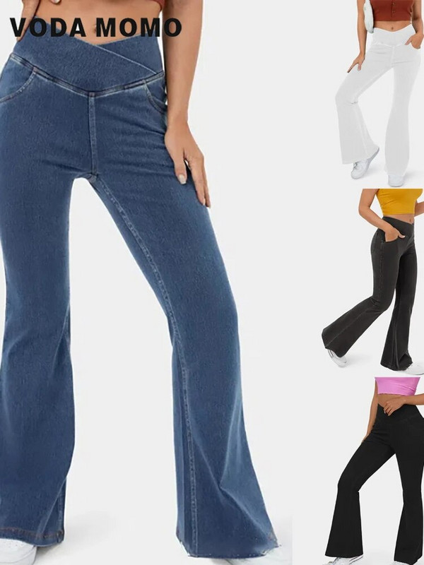 Modne rastezljive lepršave hlače Rastezljivi traper Crossover široke hlače s visokim strukom Joggers Trenirke Pocket Yoga Cowboy