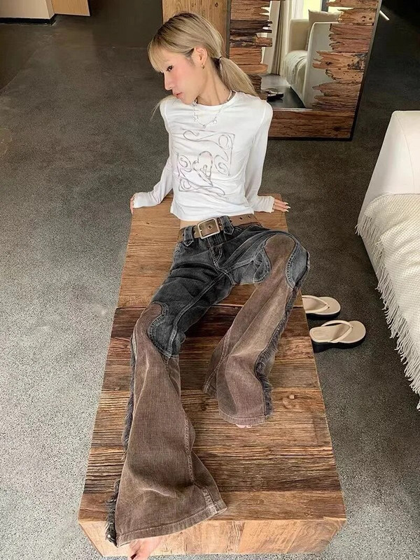 Pantaloni evazați cu ciucuri de culoare contrastantă de modă Blugi cu talie înaltă în mozacuri de epocă Harajuku Pantaloni estetici punk Y2k