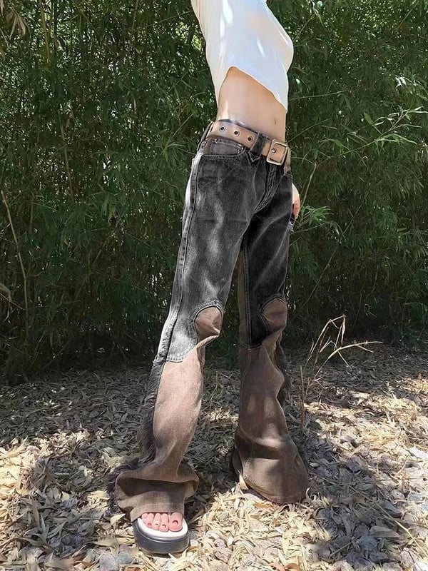 Pantaloni evazați cu ciucuri de culoare contrastantă de modă Blugi cu talie înaltă în mozacuri de epocă Harajuku Pantaloni estetici punk Y2k