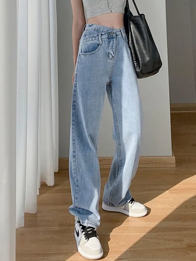 Koreai dizájn Szabálytalan, magas derékú, egyenes farmer Női utcai viselet Vintage farmer nadrág tavaszi ősz alkalmi túlméretes Kot Pantolon