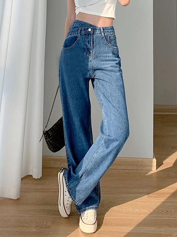 Koreai dizájn Szabálytalan, magas derékú, egyenes farmer Női utcai viselet Vintage farmer nadrág tavaszi ősz alkalmi túlméretes Kot Pantolon