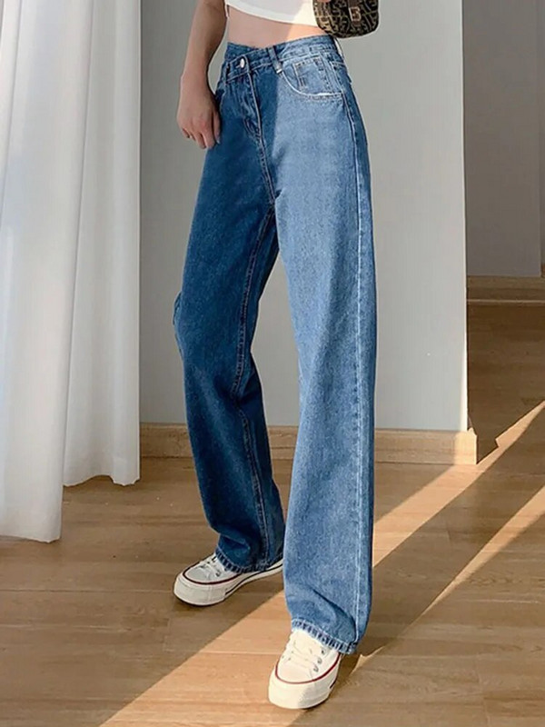 Koreai dizájn Szabálytalan, magas derékú, egyenes farmer Női utcai viselet Vintage farmer nadrág tavaszi ősz alkalmi túlméretes Kot Pantolon