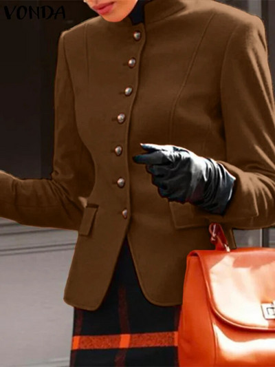 VONDA női őszi blézer alkalmi egyszínű kabátok 2023 divatos O-nyakú hosszú ujjú felsőruházatok téli irodai elegáns öltönyök táskás