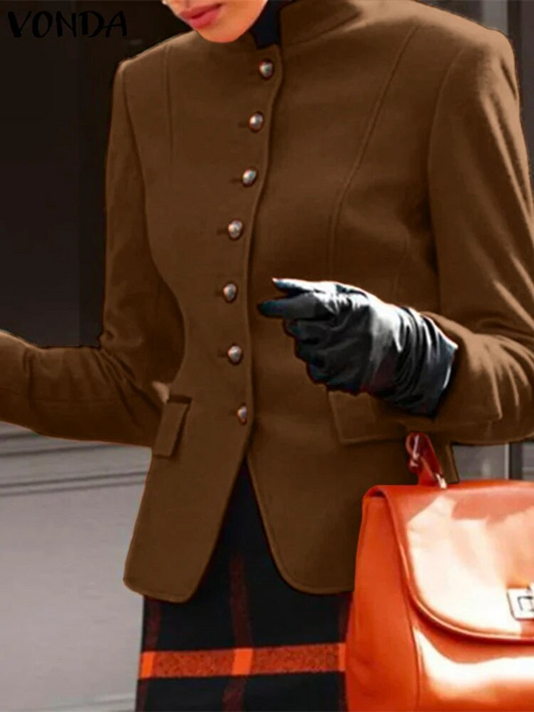 VONDA női őszi blézer alkalmi egyszínű kabátok 2023 divatos O-nyakú hosszú ujjú felsőruházatok téli irodai elegáns öltönyök táskás