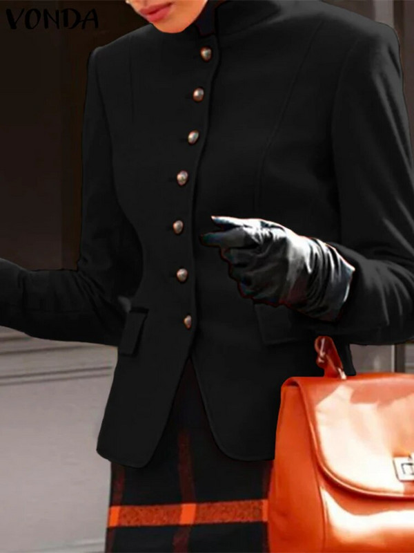 VONDA női őszi blézer alkalmi egyszínű kabátok 2023 divatos O-nyakú hosszú ujjú felsőruházatok téli irodai elegáns öltönyök táskás