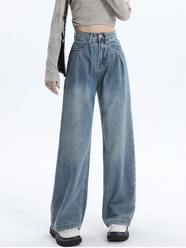 Baggy farmer Női farmer nadrág divat kék redőzött utcai viselet kényelmes farmer magas derekú széles szárú egyenes, alkalmi felmosott nadrág
