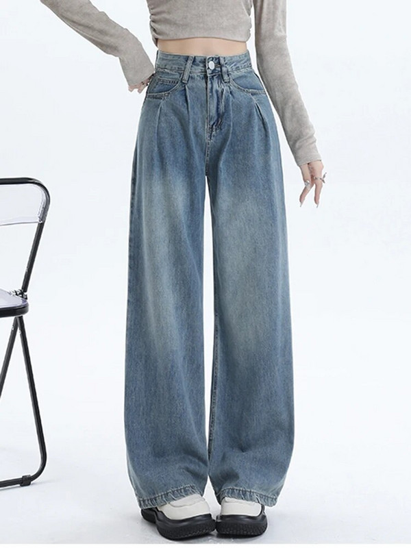 Baggy farmer Női farmer nadrág divat kék redőzött utcai viselet kényelmes farmer magas derekú széles szárú egyenes, alkalmi felmosott nadrág