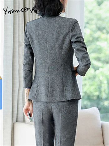 Yitimuceng V σακάκι λαιμού για γυναίκες 2023 New Fashion Office Γυναικείο μακρυμάνικο μπουφάν με μονό κουμπί Vintage μονόχρωμα παλτό
