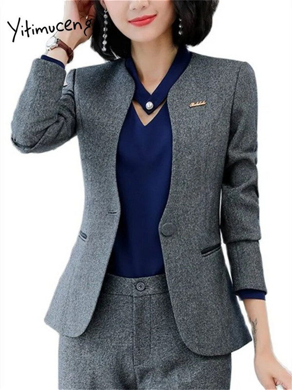 Yitimuceng jakna s V izrezom za žene 2023. Nova modna uredska ženska jakna s jednim gumbom dugih rukava Vintage jednobojni uski kaputi
