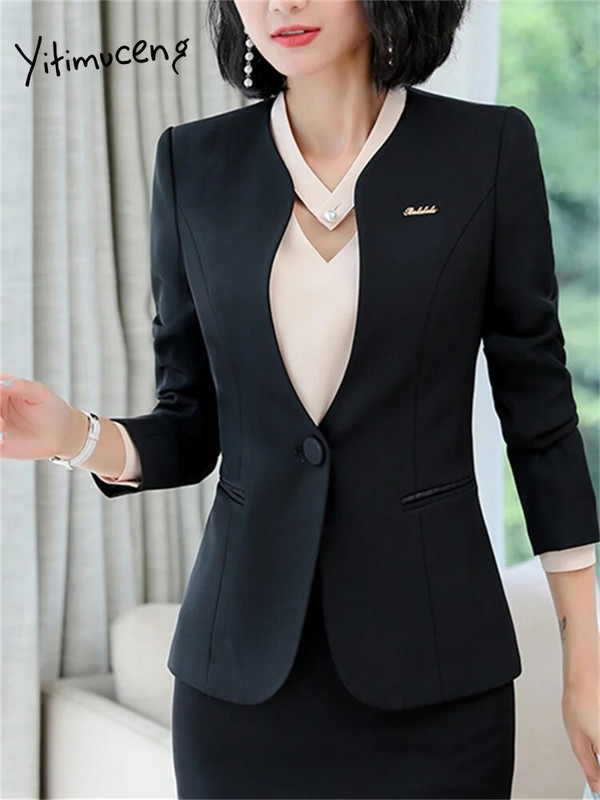 Yitimuceng jakna s V izrezom za žene 2023. Nova modna uredska ženska jakna s jednim gumbom dugih rukava Vintage jednobojni uski kaputi