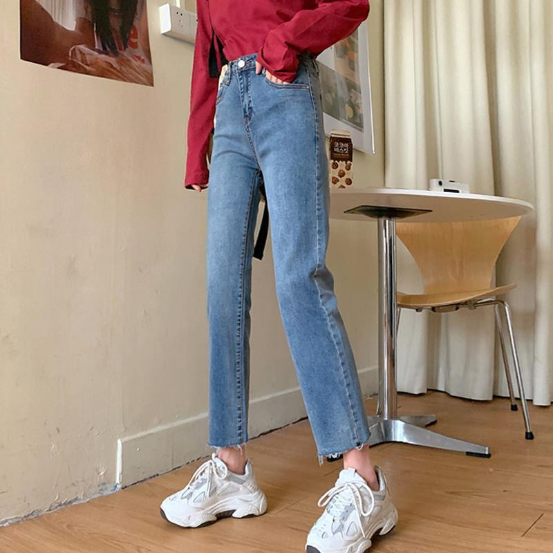 Női Farmer nadrágok Magas derekú Egyenes nadrágok Női Farmer Bő, Rövid Férfi Burr Vágott nadrágok