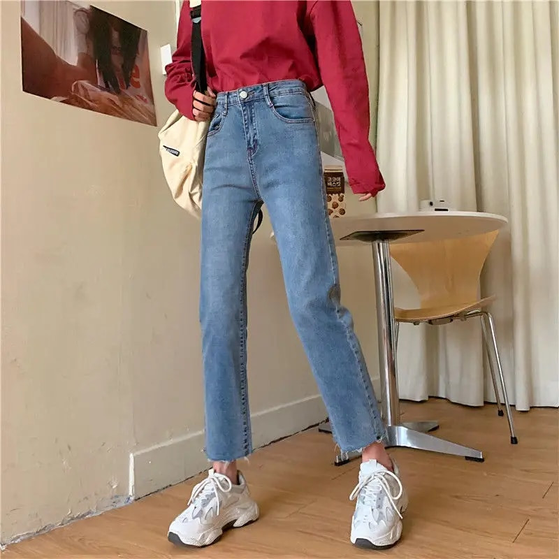 Női Farmer nadrágok Magas derekú Egyenes nadrágok Női Farmer Bő, Rövid Férfi Burr Vágott nadrágok