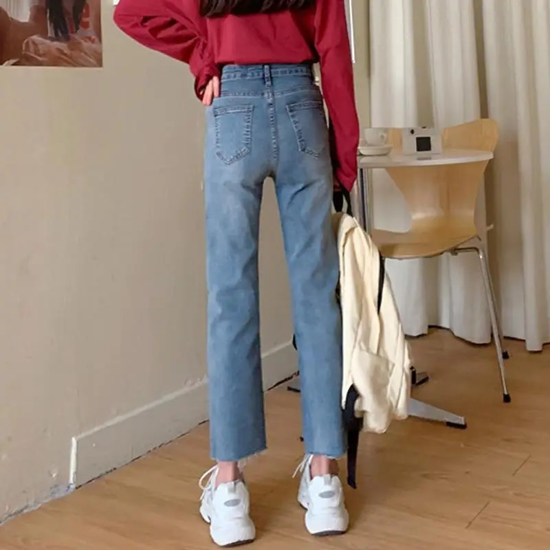 Női Farmer nadrágok Magas derekú Egyenes nadrágok Női Farmer Bő, Rövid Férfi Burr Vágott nadrágok