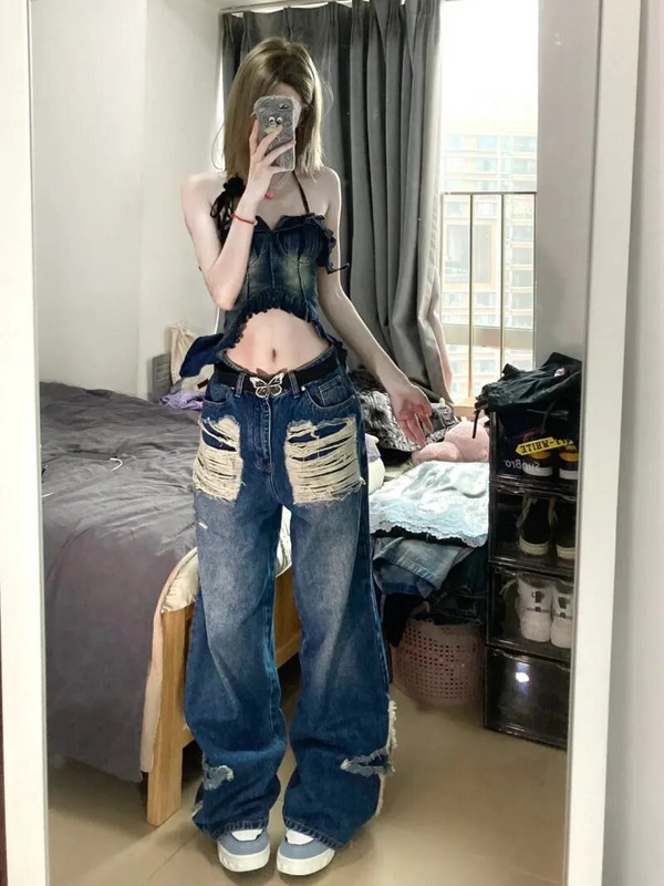 American Star Κέντημα με φούντα ψηλόμεσο τζιν ρετρό χιπ χοπ πλυμένο φαρδύ κορεάτικο casual φαρδύ παντελόνι