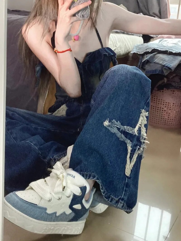 American Star Κέντημα με φούντα ψηλόμεσο τζιν ρετρό χιπ χοπ πλυμένο φαρδύ κορεάτικο casual φαρδύ παντελόνι