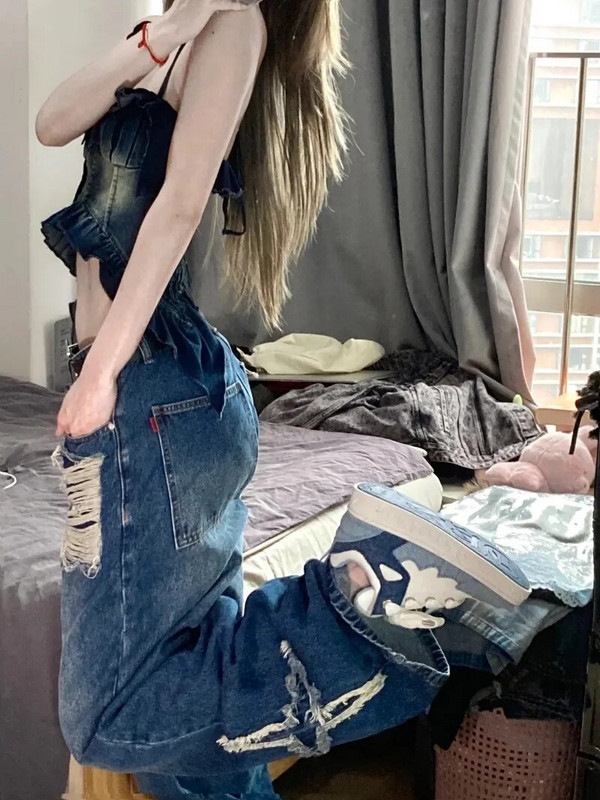 American Star Κέντημα με φούντα ψηλόμεσο τζιν ρετρό χιπ χοπ πλυμένο φαρδύ κορεάτικο casual φαρδύ παντελόνι