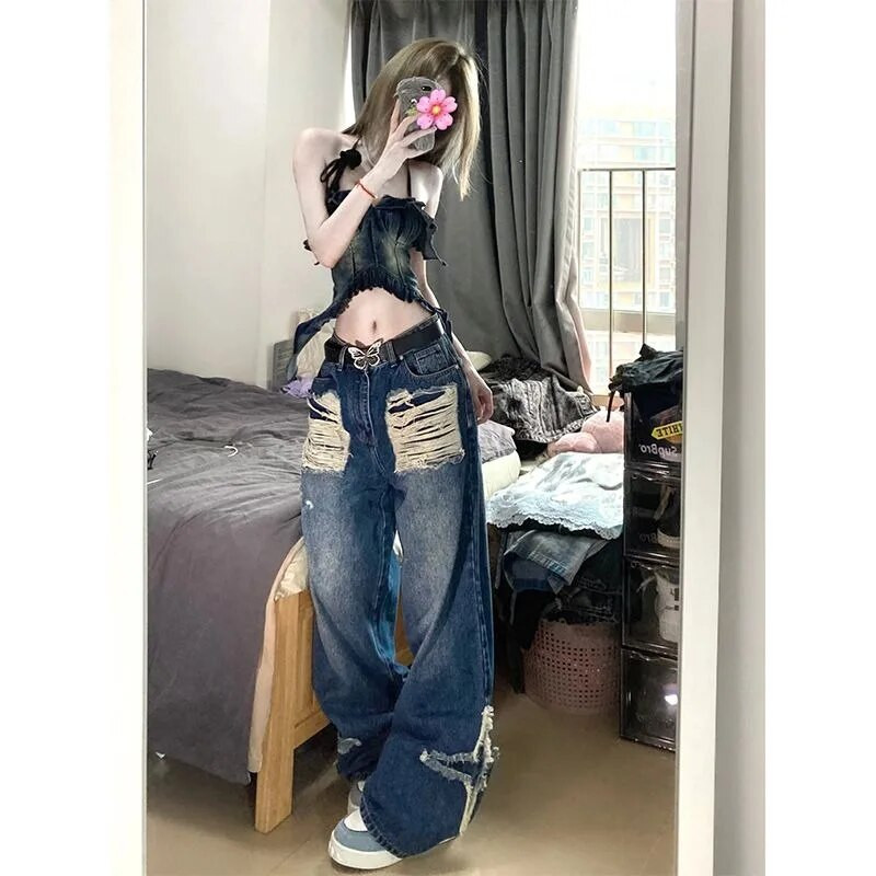 American Star Κέντημα με φούντα ψηλόμεσο τζιν ρετρό χιπ χοπ πλυμένο φαρδύ κορεάτικο casual φαρδύ παντελόνι