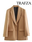 TRAFZA moteriška madinga chaki spalvos laisva striukė biuro moteriška vintažinė vienspalvė švarka, viena krūtinė moteriška laisvalaikio prašmatnūs ilgi paltai