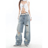 Μπλε γυναικεία τζιν Ψηλόμεση Μόδα American Hollow Out Σχέδιο Y2K Φθαρμένο κομψό παντελόνι φαρδύ τζιν γυναικείο παντελόνι φαρδύ τζιν