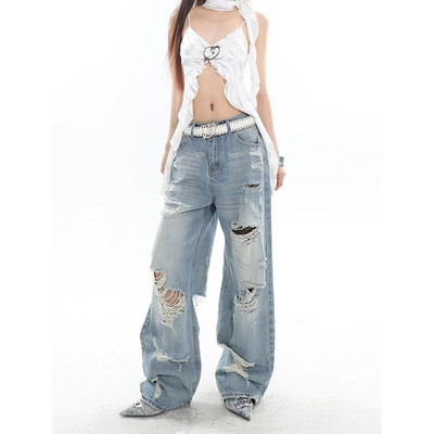Μπλε γυναικεία τζιν Ψηλόμεση Μόδα American Hollow Out Σχέδιο Y2K Φθαρμένο κομψό παντελόνι φαρδύ τζιν γυναικείο παντελόνι φαρδύ τζιν