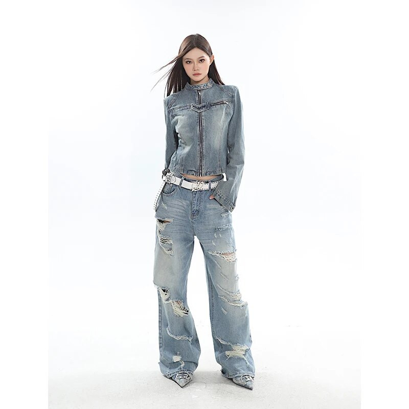 Μπλε γυναικεία τζιν Ψηλόμεση Μόδα American Hollow Out Σχέδιο Y2K Φθαρμένο κομψό παντελόνι φαρδύ τζιν γυναικείο παντελόνι φαρδύ τζιν