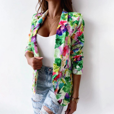 Γυναικεία vintage μπουφάν με στάμπα λουλουδιών Ανοιξιάτικη γυναικεία ζακέτα με γιακά με πέτο 2023 Φθινοπωρινό κομψό μακρυμάνικο μπλέιζερ πανωφόρι γραφείου