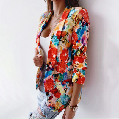 Γυναικεία vintage μπουφάν με στάμπα λουλουδιών Ανοιξιάτικη γυναικεία ζακέτα με γιακά με πέτο 2023 Φθινοπωρινό κομψό μακρυμάνικο μπλέιζερ πανωφόρι γραφείου