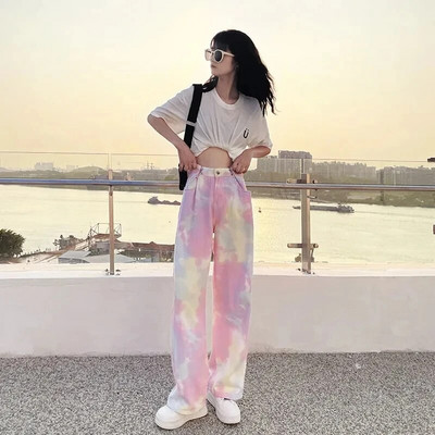 Džinsiniai džinsai Moteriški laisvalaikio tiesūs Harajuku Rainbow Laisvi Prašmatnūs gatvės tiesios kelnės Retro moteriški džinsai