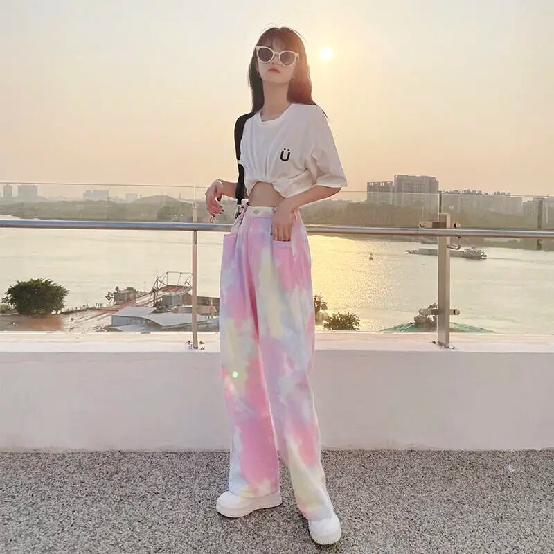Farmer farmer Női Alkalmi Egyenes Harajuku Szivárvány Laza Elegáns Utcai Egyenes nadrág Retro Női Farmer
