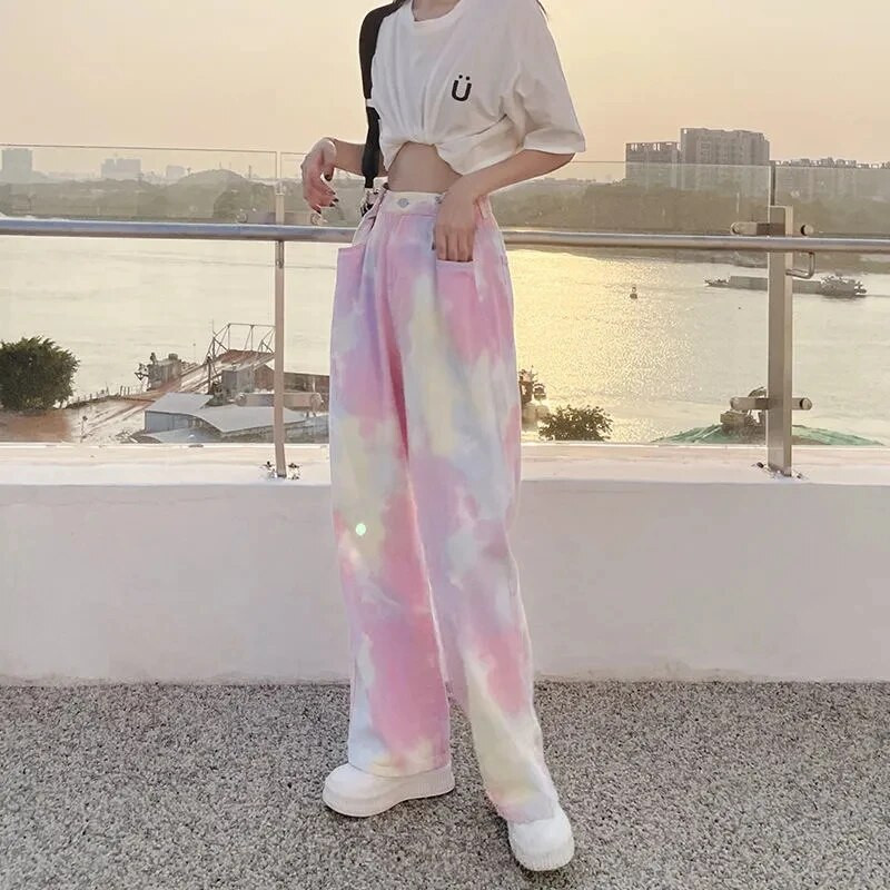 Farmer farmer Női Alkalmi Egyenes Harajuku Szivárvány Laza Elegáns Utcai Egyenes nadrág Retro Női Farmer