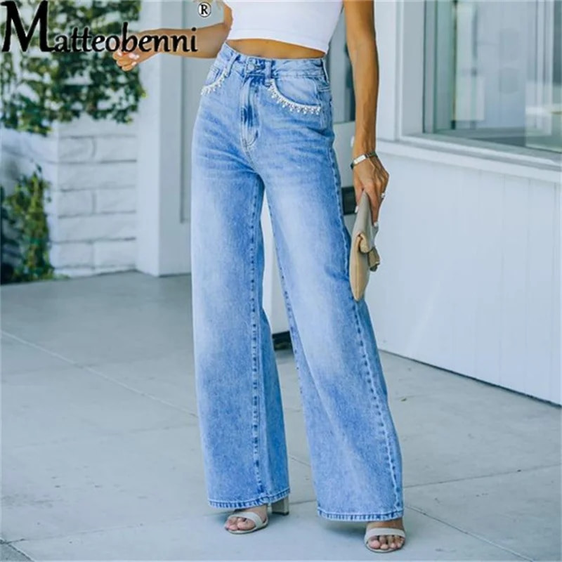 Plačios kelnės Moteriški džinsai Rudens žiemos žiemos aukštu juosmeniu apleistas mėlynas tiesias džinsines kelnes 2021 m. rudens Kasdieniai aukštakulniai drabužiai