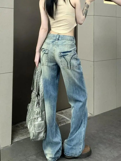 Blugi cu design învechit spălați pentru femei, modă retro americană, blugi drepți cu talie înaltă, pantaloni largi, care slăbesc
