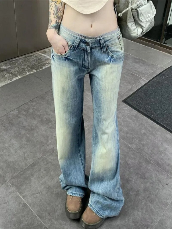 Blugi cu design învechit spălați pentru femei, modă retro americană, blugi drepți cu talie înaltă, pantaloni largi, care slăbesc