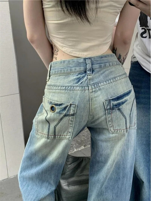 Blugi cu design învechit spălați pentru femei, modă retro americană, blugi drepți cu talie înaltă, pantaloni largi, care slăbesc