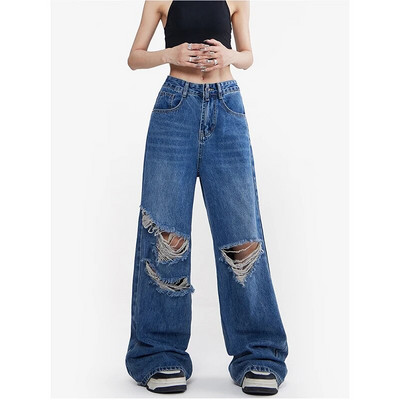 Blugi albaștri pentru femei Uzați cu talie înaltă Moda americană Y2K Chic Streetwear Jean cu picioare late Pantaloni de femeie Pantaloni largi din denim