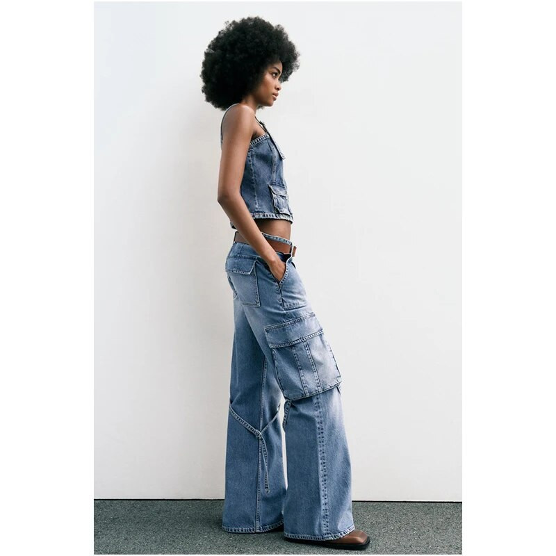 Winter Blue New Vintage Cargo Jeans Fashion Τσέπη ψηλόμεσο ίσιο παντελόνι σφουγγαρίσματος High Street φαρδύ παντελόνι τζιν με φαρδύ πόδι