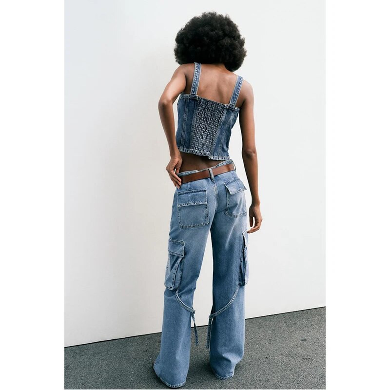 Winter Blue New Vintage Cargo Jeans Fashion Τσέπη ψηλόμεσο ίσιο παντελόνι σφουγγαρίσματος High Street φαρδύ παντελόνι τζιν με φαρδύ πόδι