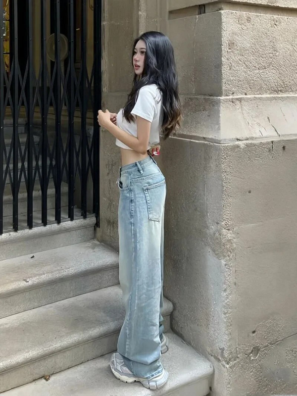 Alacsony derekú High Street farmer nadrág bő amerikai világoskék Y2k farmer Egyenes elegáns mosott női széles szárú nadrág nyári