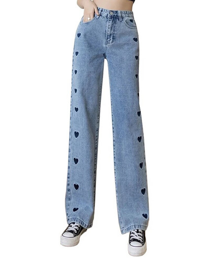 2023 new love embroidered Jeans γυναικείο ίσιο παντελόνι με φαρδύ πόδι Loose Vintage σφουγγάρισμα παντελόνι τζιν