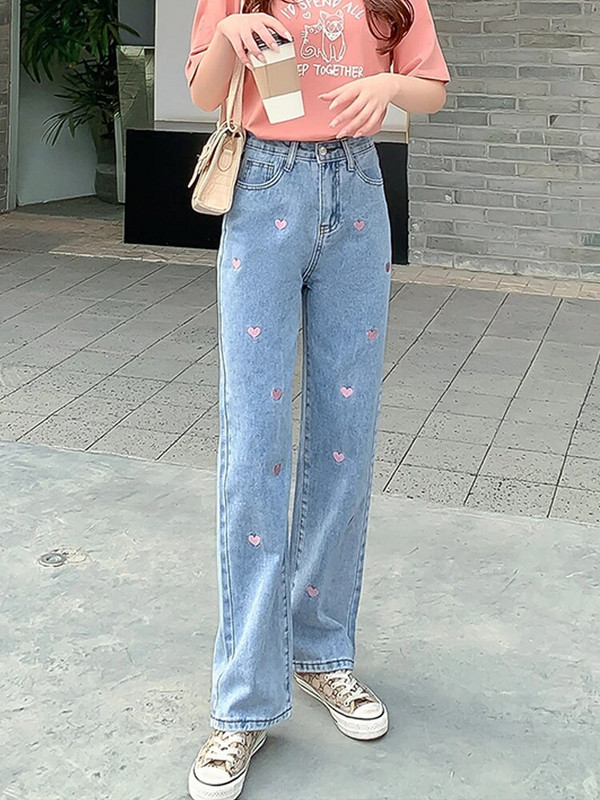 2023 new love embroidered Jeans γυναικείο ίσιο παντελόνι με φαρδύ πόδι Loose Vintage σφουγγάρισμα παντελόνι τζιν