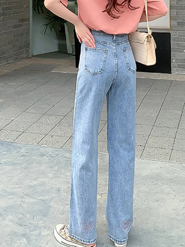 2023 new love embroidered Jeans γυναικείο ίσιο παντελόνι με φαρδύ πόδι Loose Vintage σφουγγάρισμα παντελόνι τζιν