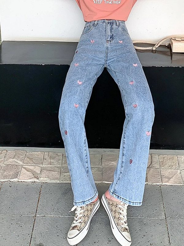 2023 new love embroidered Jeans γυναικείο ίσιο παντελόνι με φαρδύ πόδι Loose Vintage σφουγγάρισμα παντελόνι τζιν